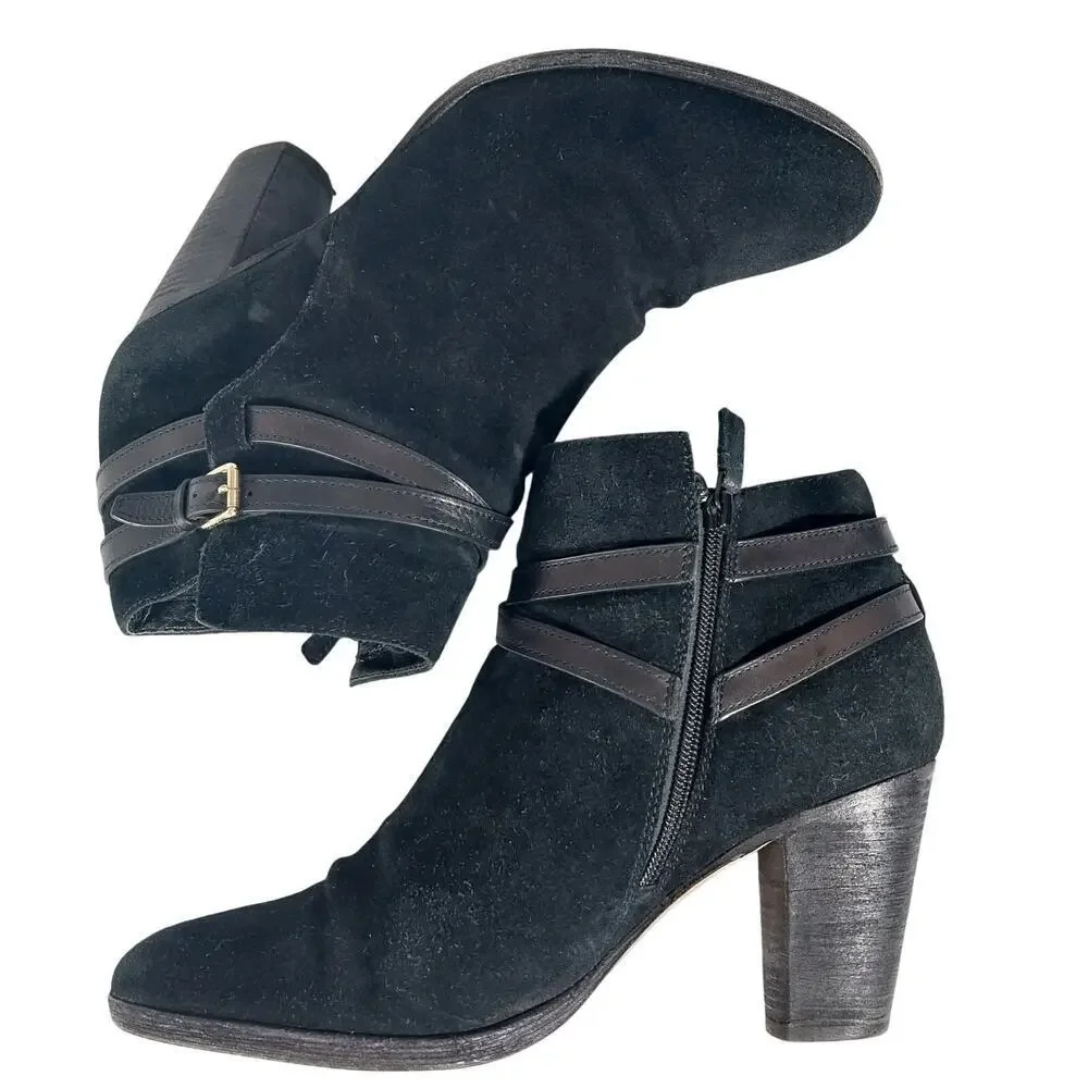 COLE HAAN! BLACK GENUINE SUEDE LEATHER CRISS-CROSS, CHUNKY ANKLE BOOTS! SZ 10B